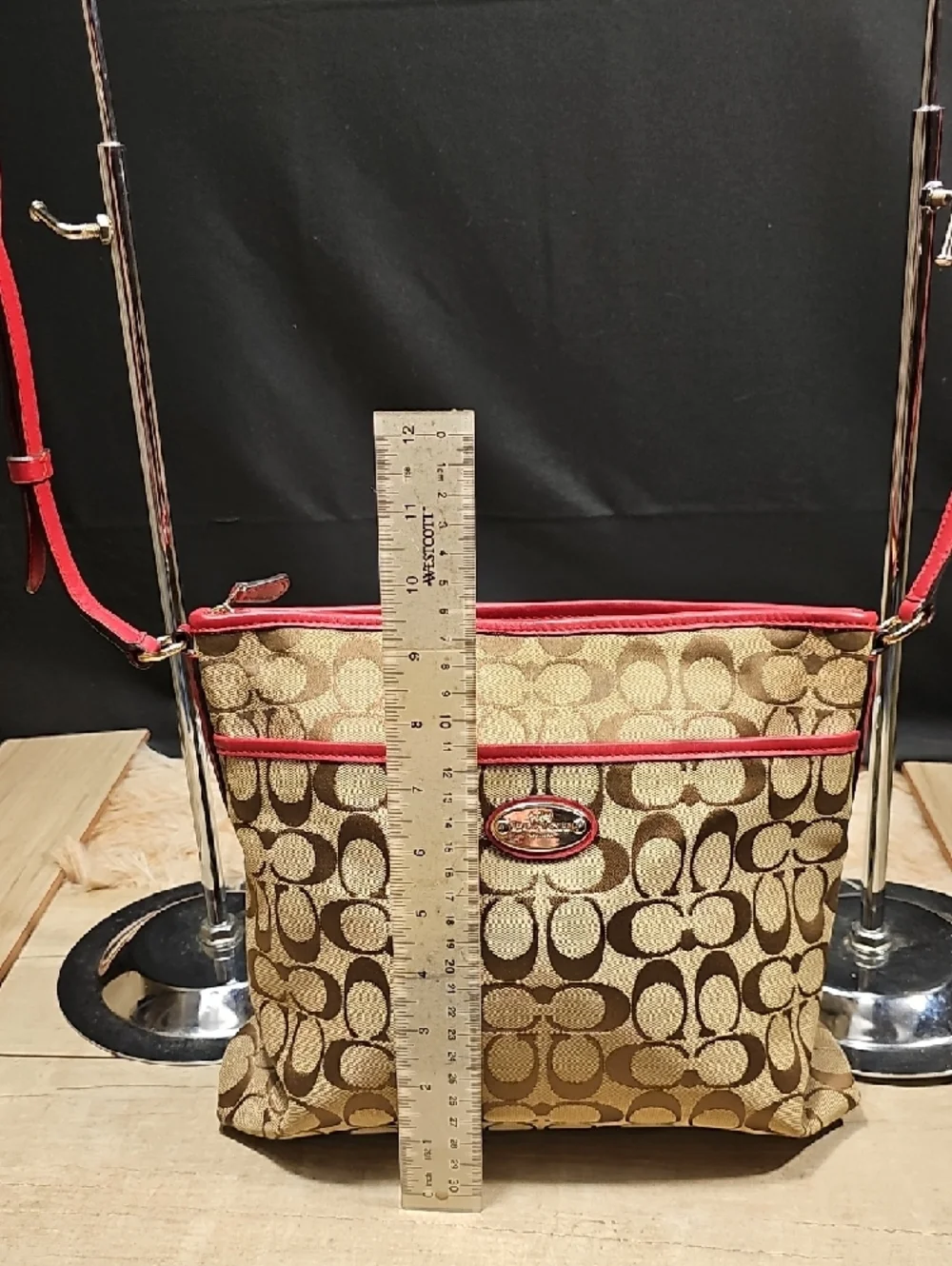 Coach Brown Signature Crossbody with Red Trim